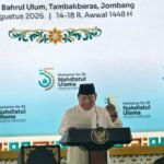 Presiden Prabowo Subianto mencetuskan Jas Hijau dalam pidato pembukaan Muktamar ke-35 NU di Tambakberas, Jombang (27/8)./dok.PBNU