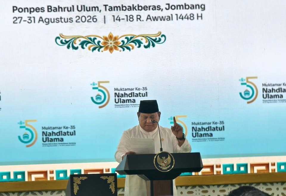 Presiden Prabowo Subianto mencetuskan Jas Hijau dalam pidato pembukaan Muktamar ke-35 NU di Tambakberas, Jombang (27/8)./dok.PBNU