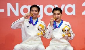 Daniel Marthin dan Leo Rolly Carnando menyumbang medali emas ketiga untuk Indonesia di Asian Games 2026 (29/9) Nagoya, Jepang./dok.Kemenpora RI