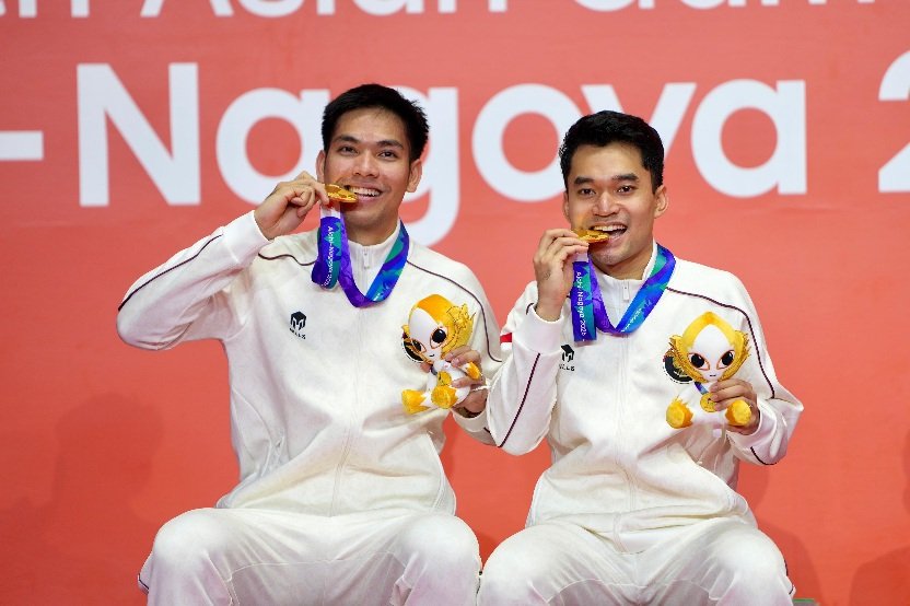 Daniel Marthin dan Leo Rolly Carnando menyumbang medali emas ketiga untuk Indonesia di Asian Games 2026 (29/9) Nagoya, Jepang./dok.Kemenpora RI
