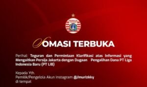 Somasi Persija Jakarta kepada Warganet Somasi terbuka kepada warganet @murizkky atas komentarnya tentang aliran dana belanja pemain Persija Jakarta./IG @persija