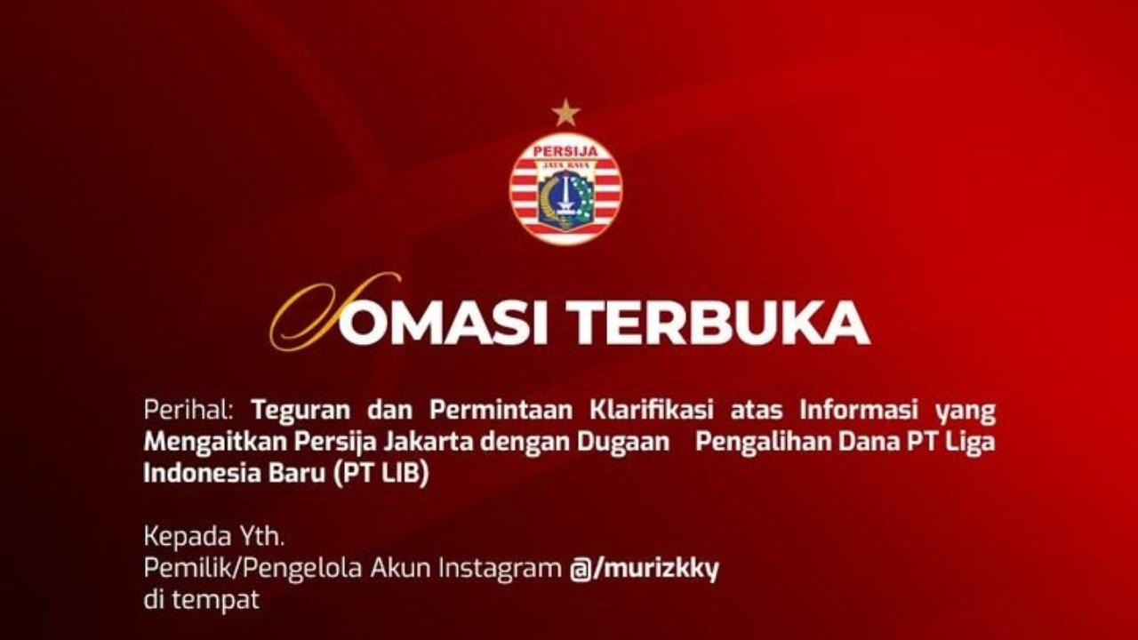 Somasi terbuka kepada warganet @murizkky atas komentarnya tentang aliran dana belanja pemain Persija Jakarta./IG @persija