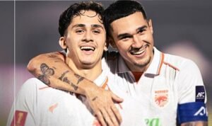 Amar Brkic dan Juan Villa merayakan gol kemenangan 3-1 Borneo FC Samarinda atas Tainan City yang meloloskan mereka ke perempat final AFC Challenge League 2026/27./IG @borneofc.id